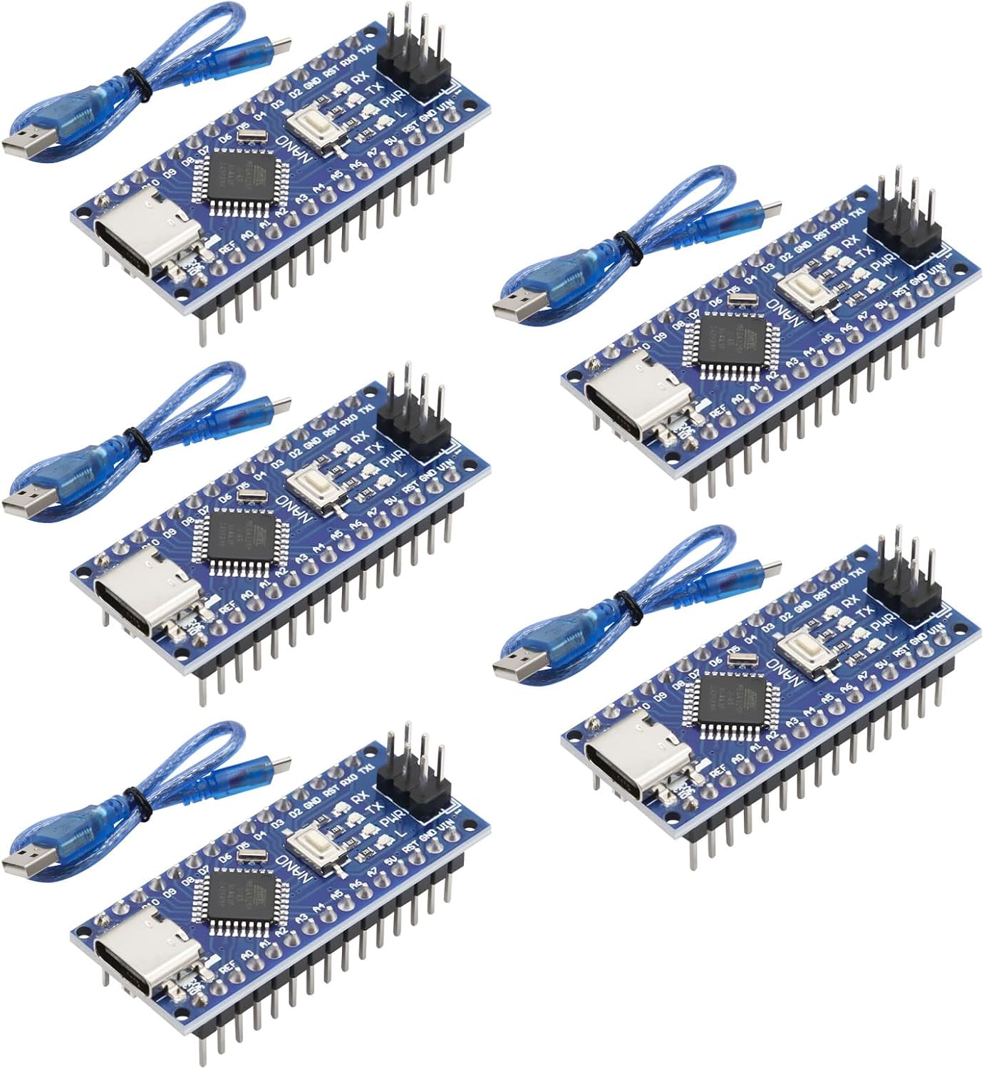 5Pcs Nano V3.0 Board ATmega328P/CH340G Chip Microcontroller Kit Compatible with Arduino IDE/PWM/SPI 5V 16M (USB C Port with 5 USB Cables) (5Pcs)