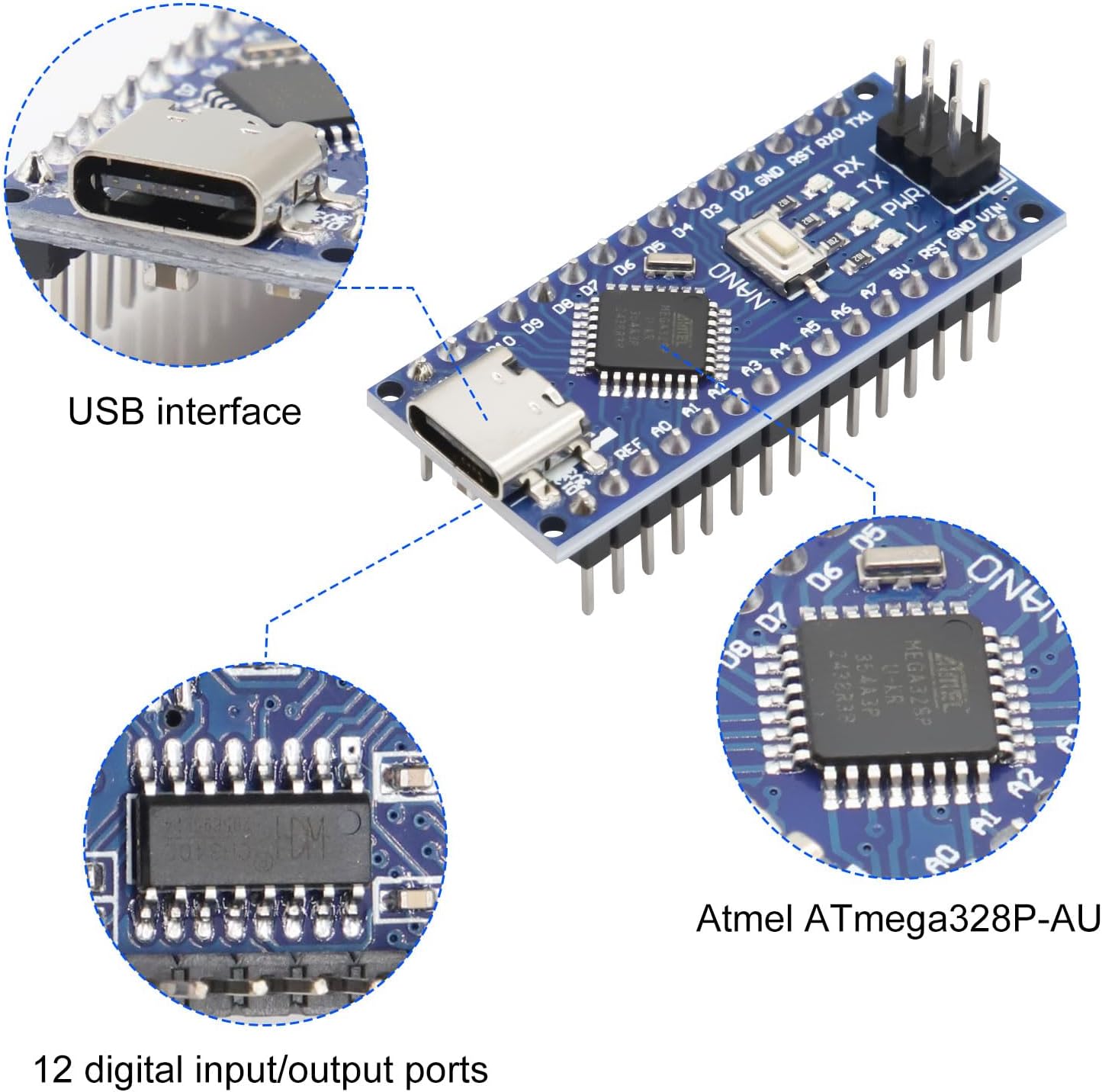 5Pcs Nano V3.0 Board ATmega328P/CH340G Chip Microcontroller Kit Compatible with Arduino IDE/PWM/SPI 5V 16M (USB C Port with 5 USB Cables) (5Pcs) - Image 2